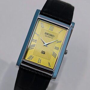 New Stock - SEIKO TANK SLIM Quartz Roman Yellow Dial Unisex Japanese Wristwatch